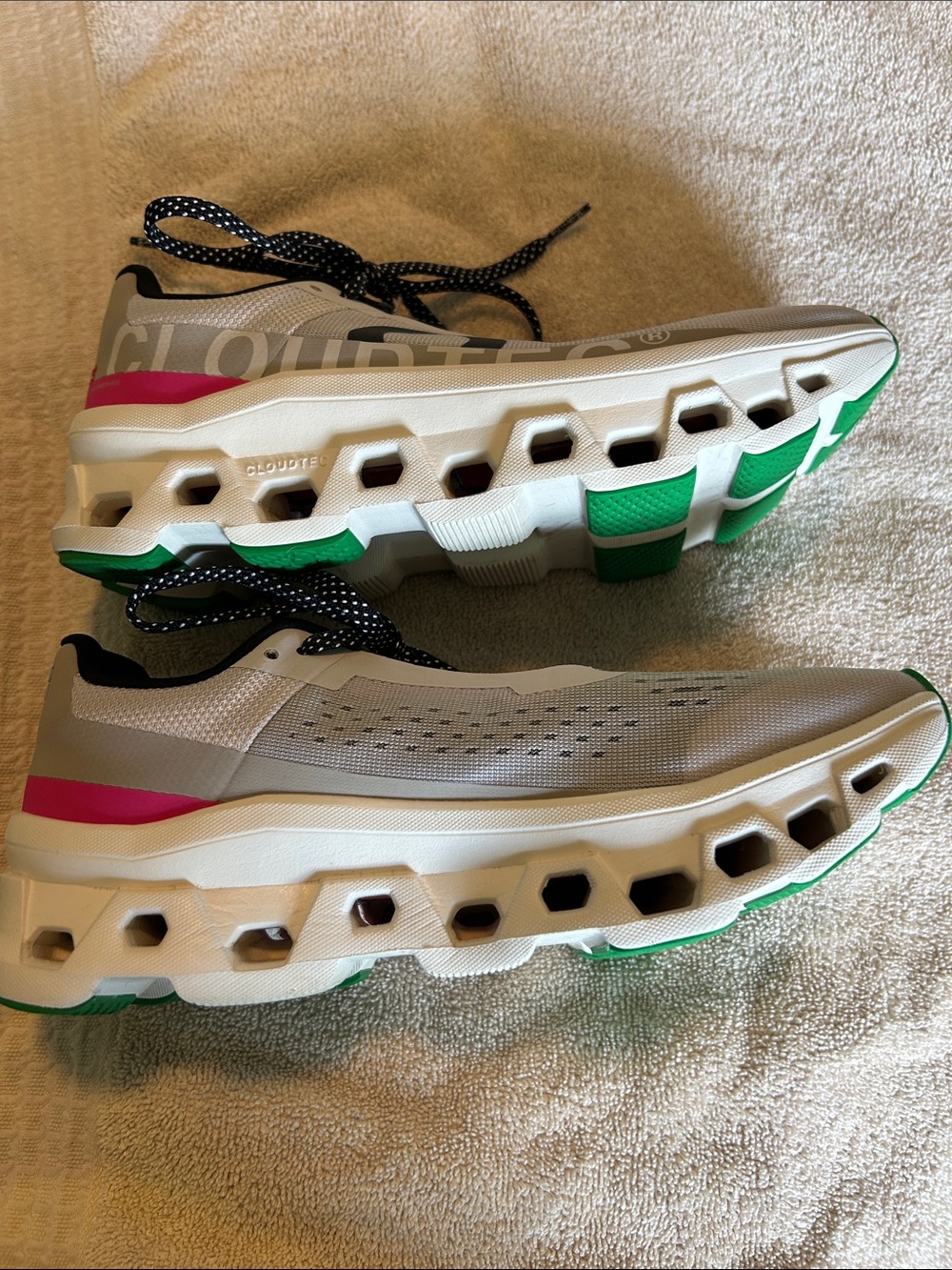 On Cloud Running Women’s CloudMonster Sneakers - Light Gray with Pink Accents - Picture 6 of 8